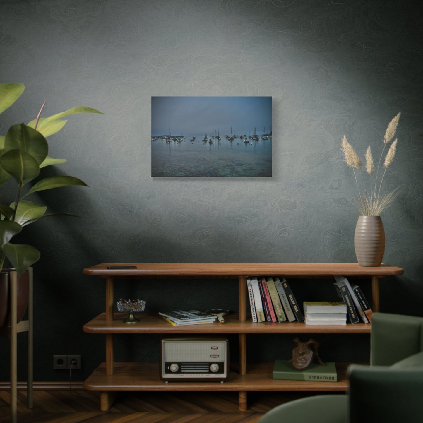 Catalina Island harbor canvas print with boats and misty water, original photography by Keith Cutrone